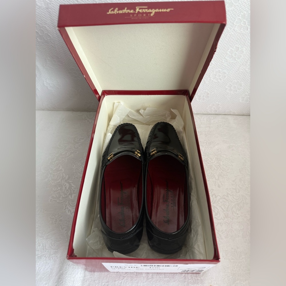 Salvatore Ferragamo Black Patent Leather Loafers with Gold Tone Hardware - Picture 8 of 9